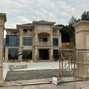 西安 黄金麻花岗岩别墅雕花外墙干挂配上门口雕花罗马柱